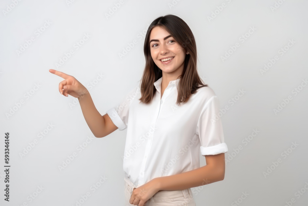 Young beautiful woman in white shirt pointing at copy space on white background. Generative AI Young beautiful woman in white shirt pointing at copy space on white background. Generative AI
