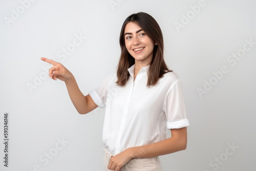Young beautiful woman in white shirt pointing at copy space on white background. Generative AI