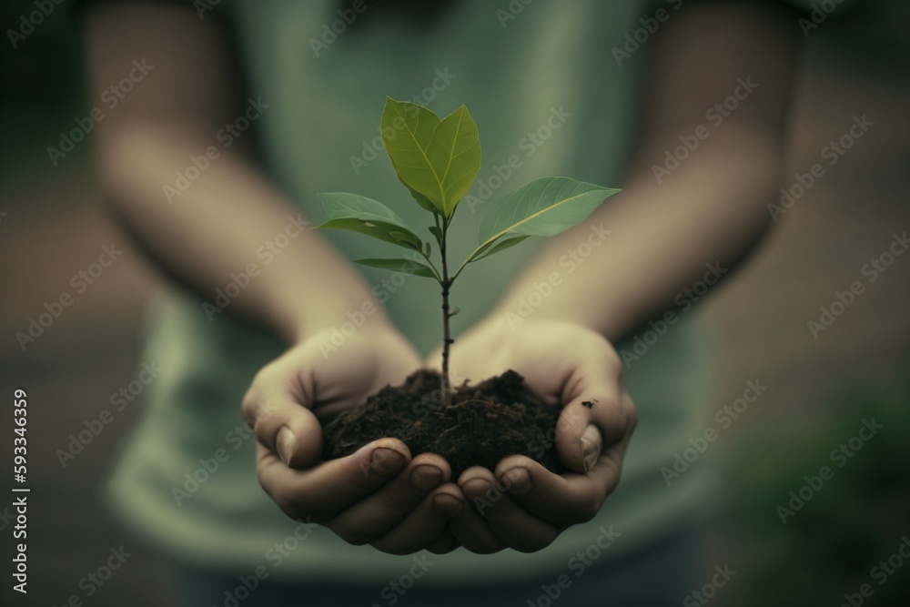 A single hand holding a plant a tree sapling. Desinged using generative ai