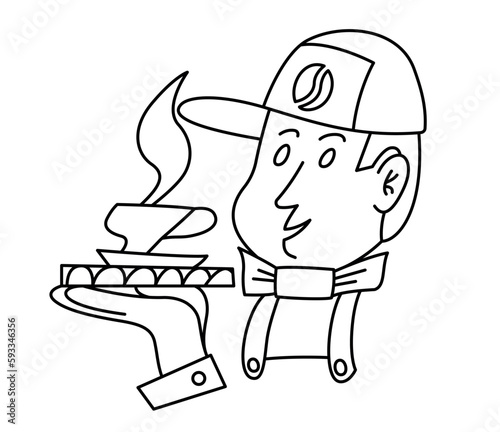 Young Barista serves a cup of espresso vintage line vector illustration