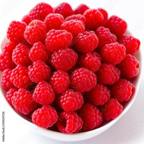 Raspberries on white plate. Fruit background. Generative AI
