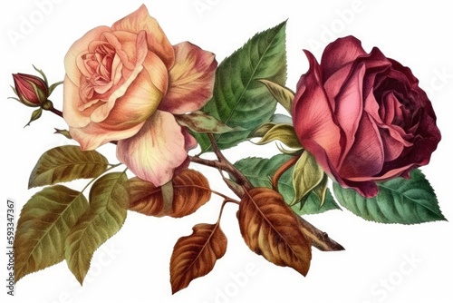 There are two buds and leaves on each rose. watercolor. Generative AI