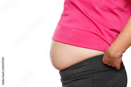 Woman with excessive belly fat against isolated on white background