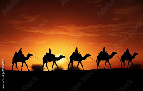Silhouettes of camel caravan in the Sahara desert at sunset - generative ai © Infinite Shoreline