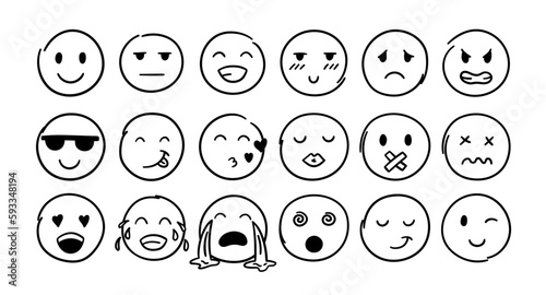 Doodle Emoji Face Sign Black Thin Line Icon Set Include of Happy, Angry, Sad, Cry and Confused. Vector illustration of Icons