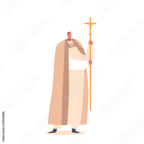 Bishop Character in Official Attire Stand With Cross In Hands, Blessing The Congregation. Pope with Symbol Of Faith