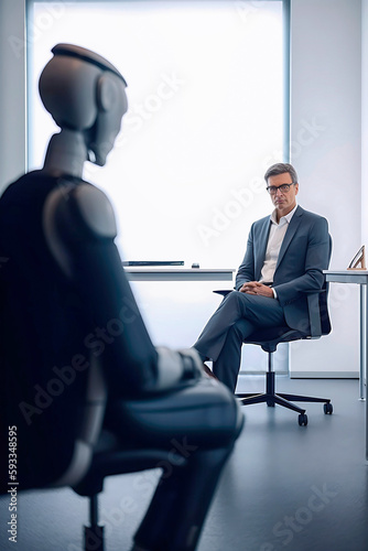 A man and an artificial intelligence robot sit and wait for a job interview. Copy space. Generative IA. (1)