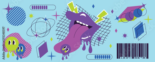 Psychedelic retro cartoon elements set. Lips, tongue, geometric shapes, stars, smile, runny. Modern decal in hallucinogenic vibrant colors and flow texture.