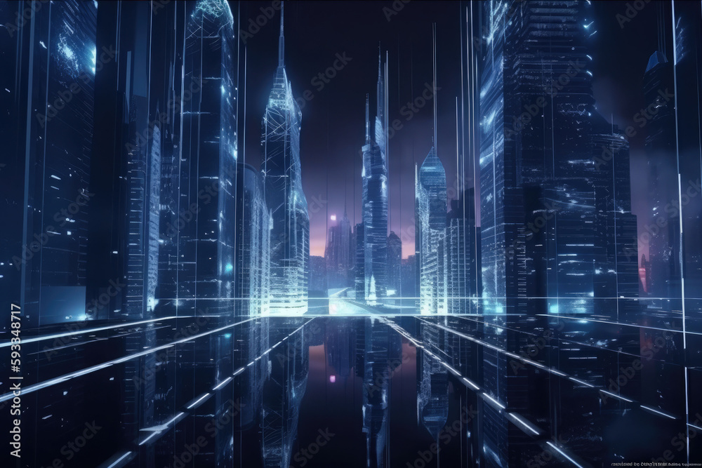 Modern futuristic glowing city with tall skyscrapers and modern technology. Generative AI