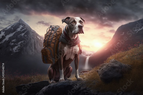 Rescue dog with a backpack in the mountains background