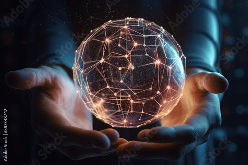 Artificial intelligence development for future of people living. Two hands hold a glowing ball of energy. Generative AI