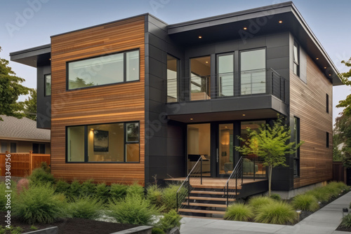 Exterior of a modern cozy house with large windows and lawn. Generative AI