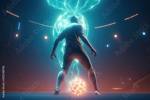 The robot plays football. A futuristic robot soccer player playing with a glowing soccer ball. Generative AI © barmaleeva