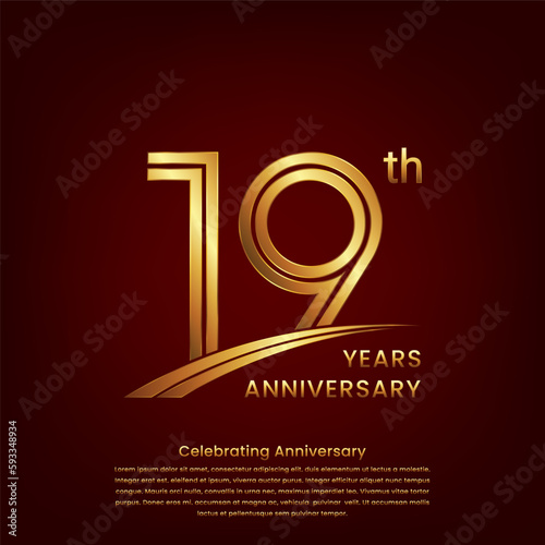 19th Anniversary logo with double line concept design, Golden number for anniversary celebration event. Logo Vector Template