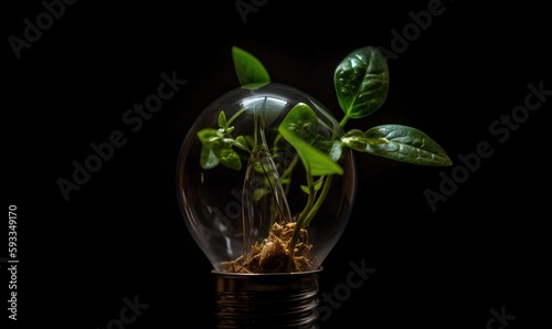  a plant in a light bulb with a black background and a reflection on the ground with a black background and a black background with a black background. generative ai