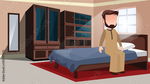 Muslim wakes from bed sleeping vector 
