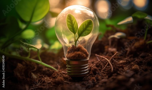  a light bulb with a plant growing inside of it on top of dirt and dirt in front of a green leafy plant with a light bulb.  generative ai