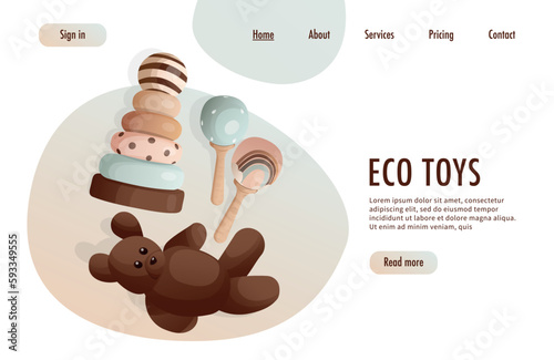 Eco toys web page with set of wooden toys, vector