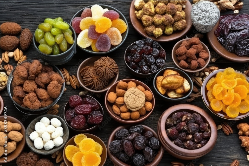 Eastern specialties with fruit and dates on a black table. Generative AI Eastern specialties with fruit and dates on a black table. Generative AI