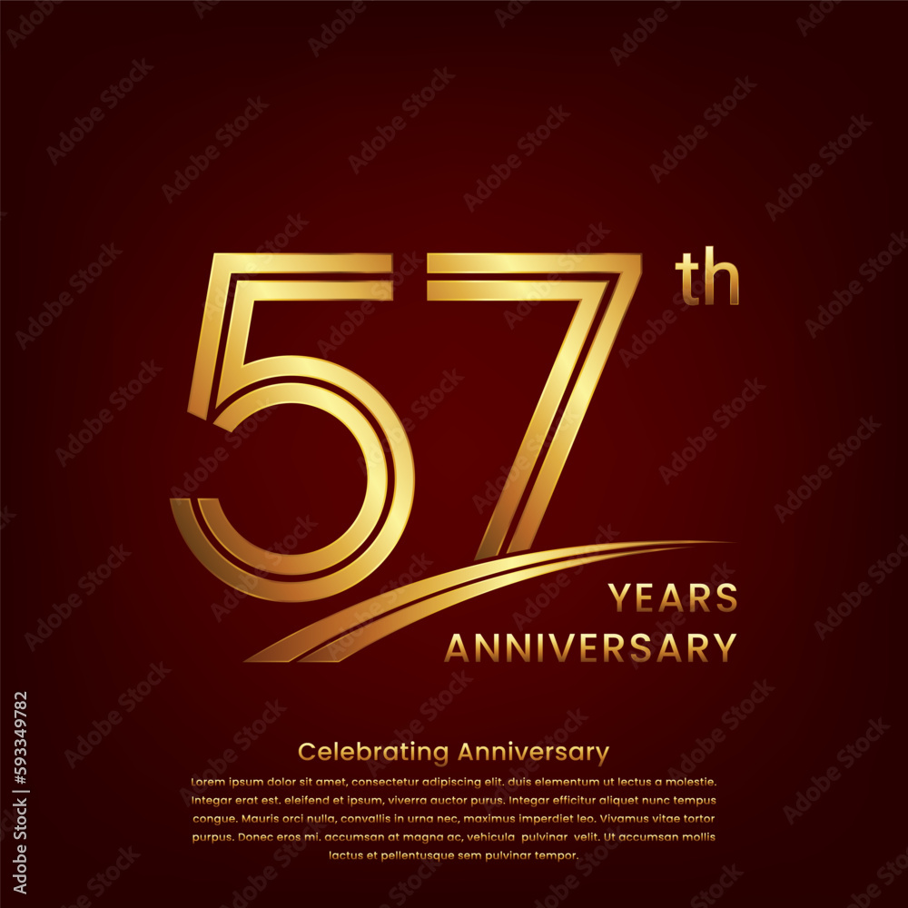 57th Anniversary logo with double line concept design, Golden number for anniversary celebration event. Logo Vector Template