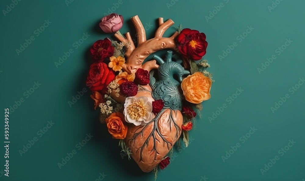  a human heart with flowers and flowers around it on a green background with a blue background and a red and orange flower arrangement in the center.  generative ai