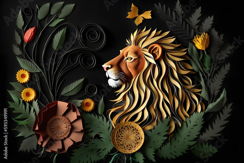 Lion paperquilling  animal with leaves and flower 