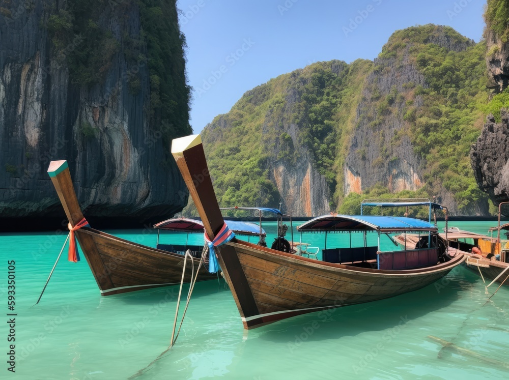 Thailand traditional wooden longtail boat on a small island beach - generative ai Thailand traditional wooden longtail boat on a small island beach - generative ai