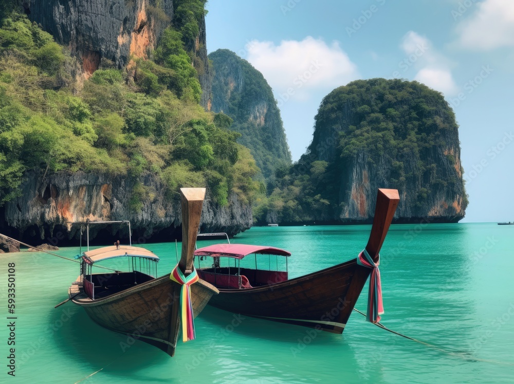 Thailand traditional wooden longtail boat on a small island beach - generative ai