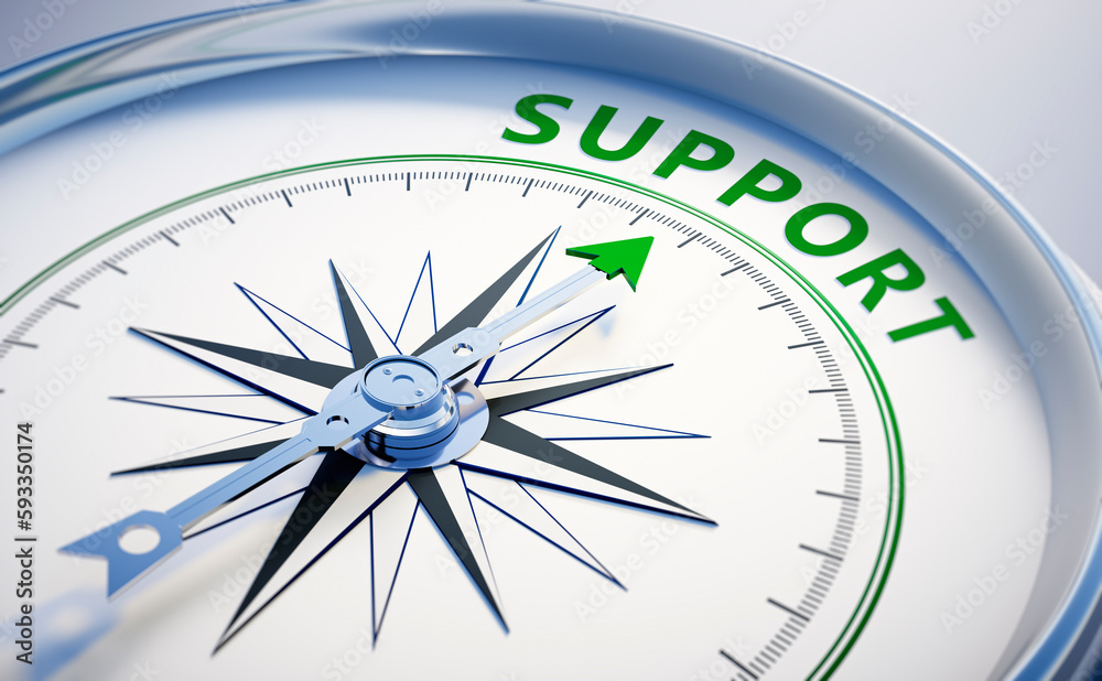 White compass with bright light, needle pointing to the word support - 3D illustration White compass with bright light, needle pointing to the word support - 3D illustration