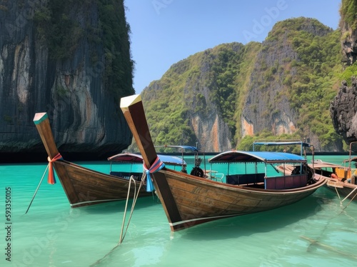Thailand traditional wooden longtail boat on a small island beach - generative ai © Infinite Shoreline