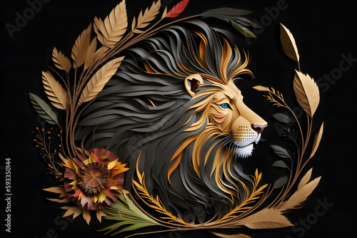 Lion paperquilling  animal with leaves and flower 