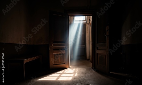  an open door with a light coming through it in a dark room with sunlight coming through the door and the light coming through the door.  generative ai © Anna