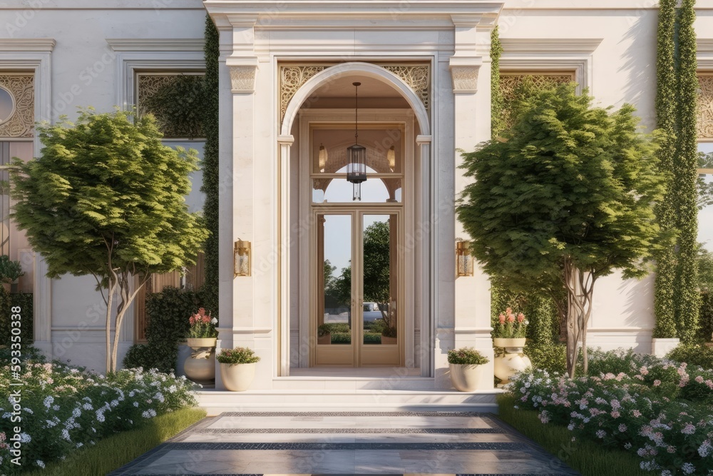 Fototapeta premium A modern-day classic house with a lavish yard. Generative AI