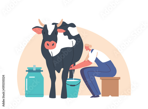 Farmer Female Character Sits On A Stool Next To The Cow, Skillfully Milking Into The Bucket. Woman Working On Livestock