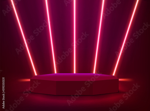 illuminated interior with red neon lights and podium. 3d vector illustration