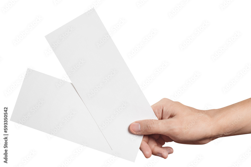 Male hand holding two blank sheets of paper (tickets, flyers, invitations, coupons, banknotes, etc.), cut out - obrazy, fototapety, plakaty 