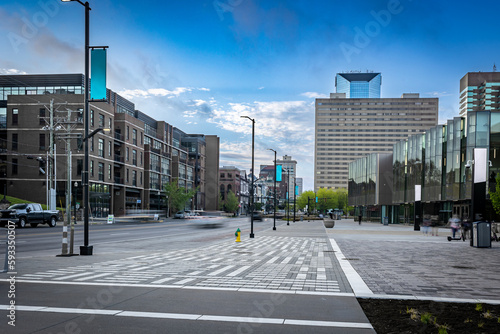 The venue adjacent to Rupp Arena in downtown Lexington, KY is a convention center, encompassed by a pedestrian area on Main Street, as well as hotels and business offices buildings in its vicinity. photo