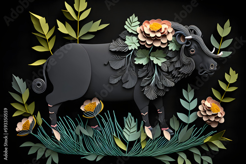 Buffalo paperquilling, animal with leaves and flower photo