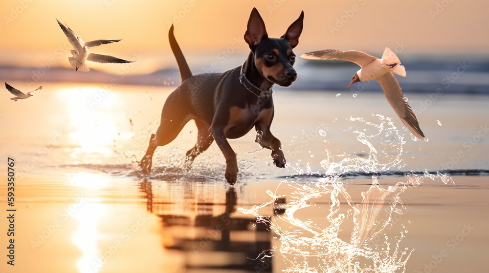 water splash seagull ,cat and dog onplay in sea water on beach at sunset,generated ai water splash seagull ,cat and dog onplay in sea water on beach at sunset,generated ai