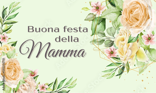 carta o banner per augurare una buona festa della mamma in grigio su sfondo verde con fiori su ogni lato nei colori rosa, giallo e salmone