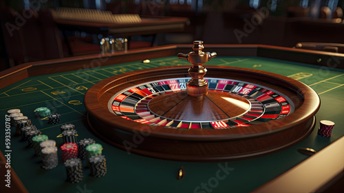 Collage of casino images with a close-up vibrant image of multicolored casino roulette table with poker chips