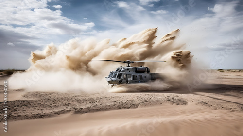 Helicopter landing in a desert. Created using generative AI, Tuned.