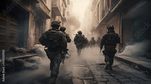 Group of soldiers on a street. Created using generative AI, Tuned.