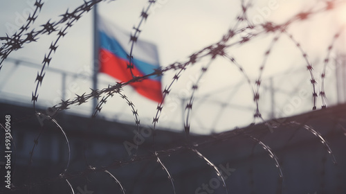 Russian Flag behind barbed wire. Created using generative AI, Tuned.