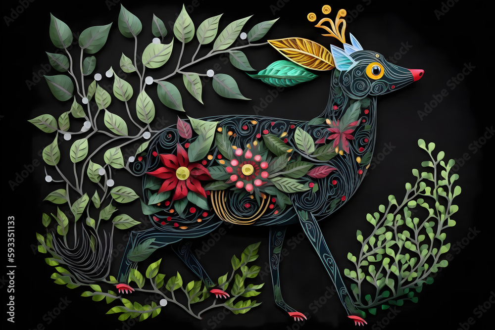 Deer paperquilling, animal with leaves and flower Deer paperquilling, animal with leaves and flower