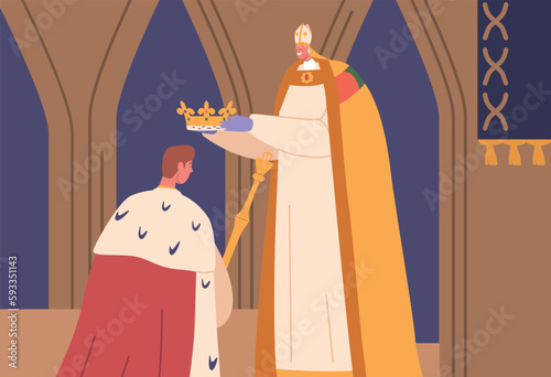 King Kneels During Coronation Ceremony. Ruler Character With Bowed Head As A Symbol Of Submission To Divine Authority
