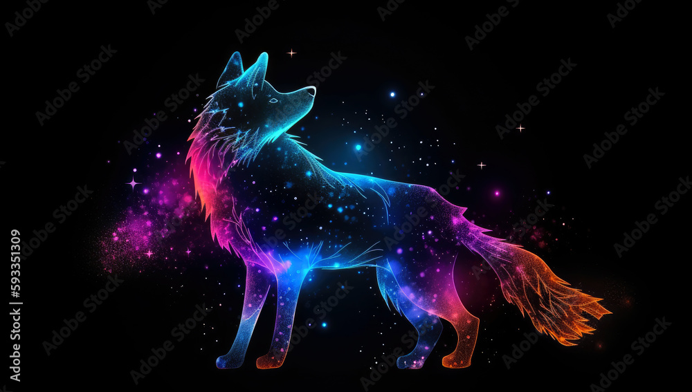 Neon wolf silhouette in cosmic space. gnerative ai.