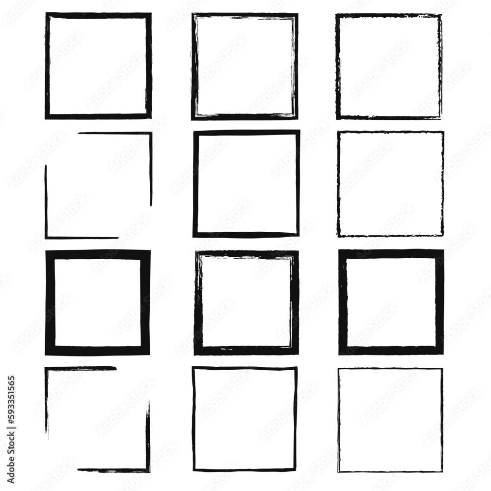 Stencil frames with brush splash. Black airbrushing paint banner, rectangular stencil border. Set stencil border isolated on white background
