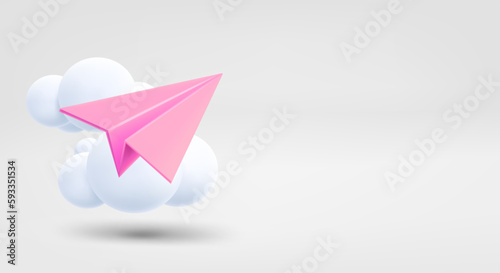 Pink plane with clouds. 3d vector banner with copy space photo