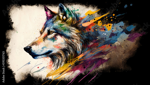 illustration of watercolor wolf, abstract watercolor background, generative ai.